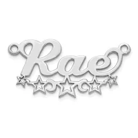 A silver-toned metal charm pendant shaped like the word "Kaley" in cursive script with small star charms hanging below it and loop attachments at each end.