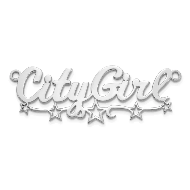 A silver-toned metal charm or pendant with the word "City Girl" in script lettering, decorated with small stars underneath and loops at the top for hanging.