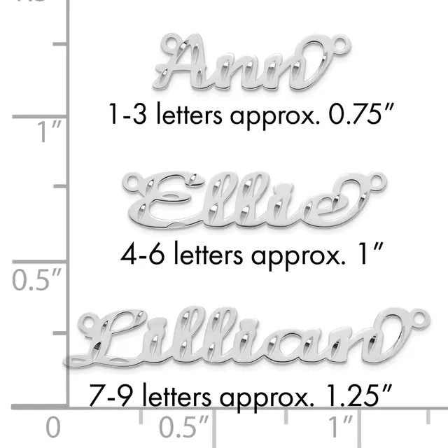 Three silver name pendants shown at actual size on a ruler, ranging from 0.75 inches for 1-3 letters, 1 inch for 4-6 letters, and 1.25 inches for 7-9 letters.
