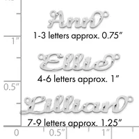 Three silver name pendants shown at actual size on a ruler, ranging from 0.75 inches for 1-3 letters, 1 inch for 4-6 letters, and 1.25 inches for 7-9 letters.
