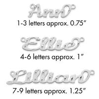 Three silver-colored cursive name pendants shown at different sizes with approximate measurements: 0.75 inches for 1-3 letters, 1 inch for 4-6 letters, and 1.25 inches for 7-9 letters, each with looped connectors at top and bottom.