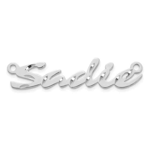 A silver script name pendant with loops at each end for attachment, shown against a white background.