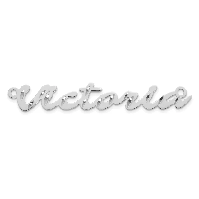 A silver-toned script nameplate pendant with loop attachments at each end, displayed against a white background.