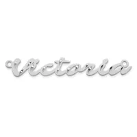 A silver-toned script nameplate pendant with loop attachments at each end, displayed against a white background.