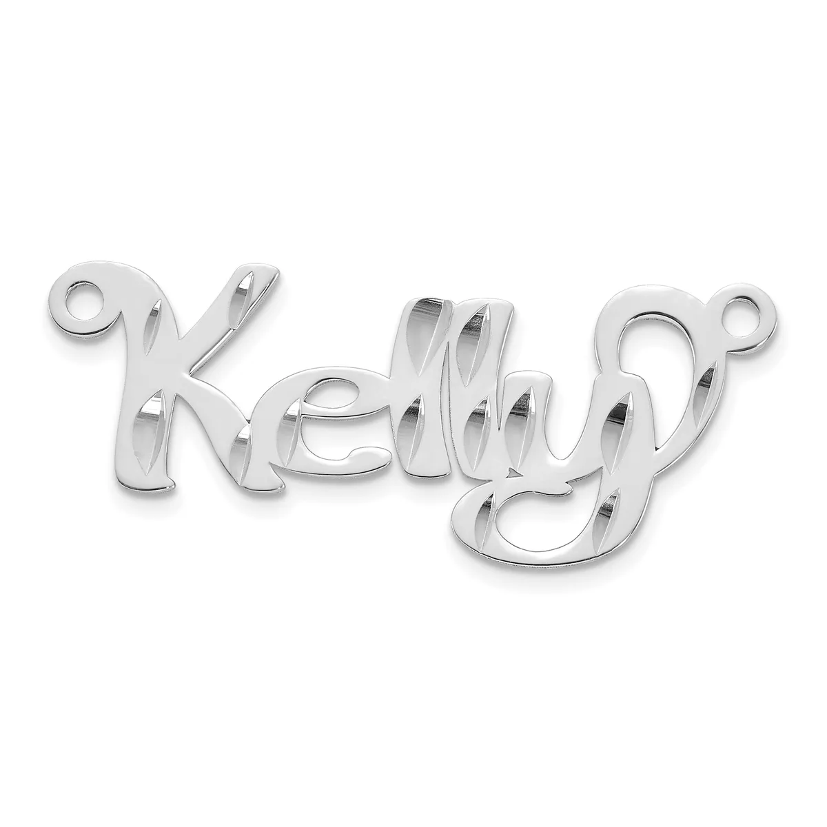 Silver-toned metal script pendant spelling out a name in cursive lettering with a polished finish.