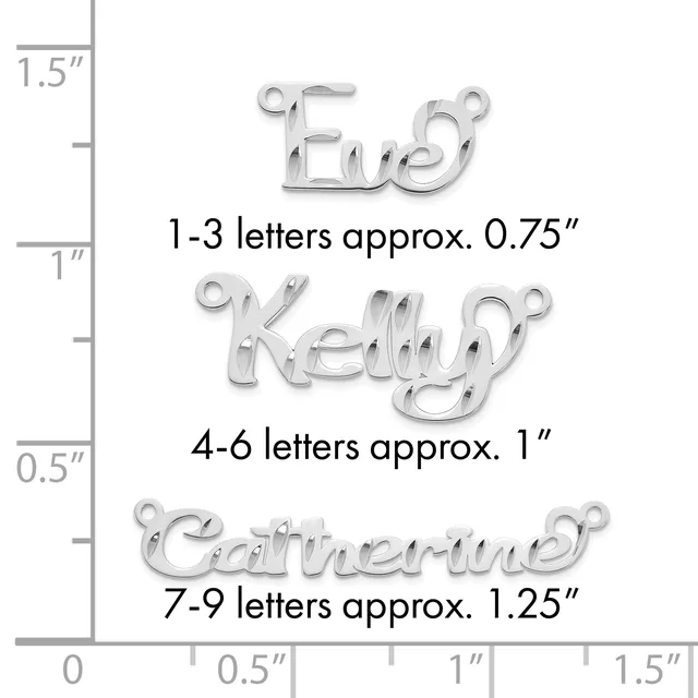 Three silver-toned letter charms with attached loops shown next to a ruler, displaying size examples for 1-3 letters (0.75"), 4-6 letters (1"), and 7-9 letters (1.25").