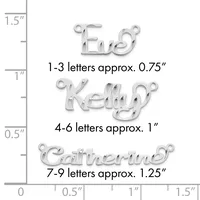 Three silver-toned letter charms with attached loops shown next to a ruler, displaying size examples for 1-3 letters (0.75"), 4-6 letters (1"), and 7-9 letters (1.25").
