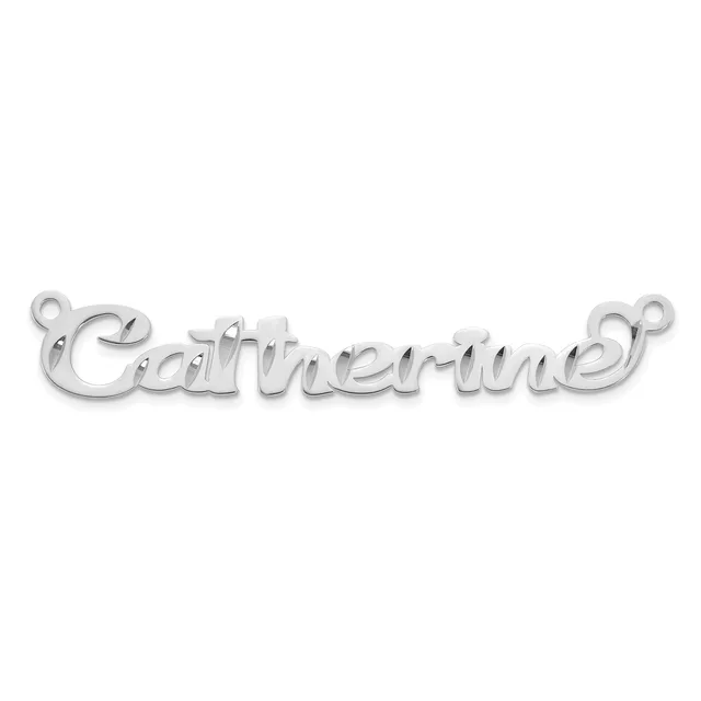 Silver-toned metal word pendant with decorative loops at each end, shown against a white background.