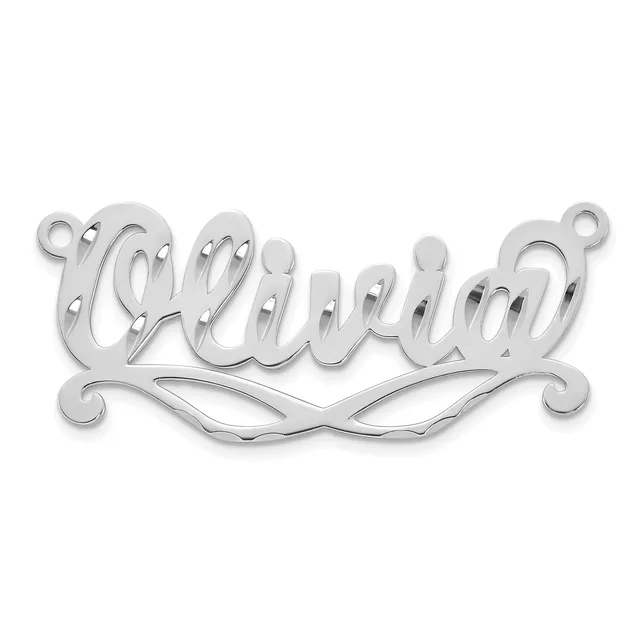 Silver-toned metal connector pendant with scrolled edges and the word "Mom" in cursive script, shown against a white background.