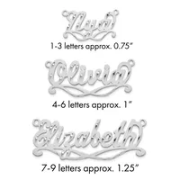 Three silver name pendants shown at different sizes: a small pendant labeled 1-3 letters at 0.75 inches, a medium pendant labeled 4-6 letters at 1 inch, and a large pendant labeled 7-9 letters at 1.25 inches, each with decorative scrollwork at the top and bottom.