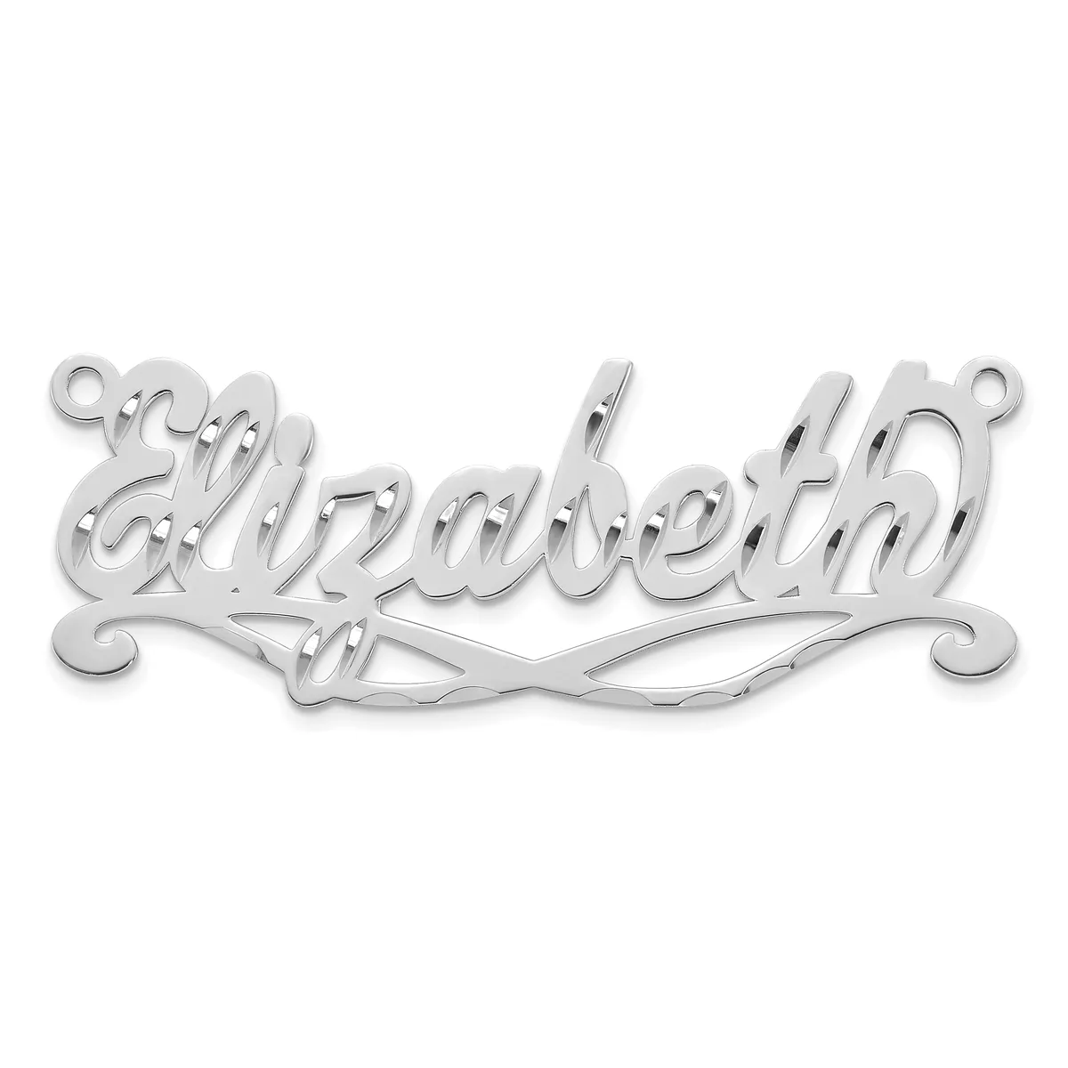 Silver-colored metal nameplate pendant with decorative scrollwork and loop attachments at the top and bottom.
