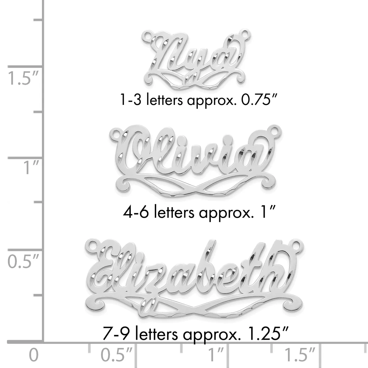 Three silver-colored ornamental name pendants with decorative flourishes shown at actual size, ranging from 0.75 inches for 1-3 letters to 1.25 inches for 7-9 letters.