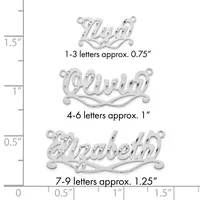 Three silver-colored ornamental name pendants with decorative flourishes shown at actual size, ranging from 0.75 inches for 1-3 letters to 1.25 inches for 7-9 letters.