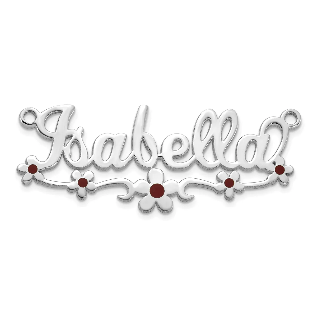 Silver-toned ornamental nameplate pendant spelling "Isabelle" with scroll flourishes, small flower details, and dark red gemstones at the corners and center.