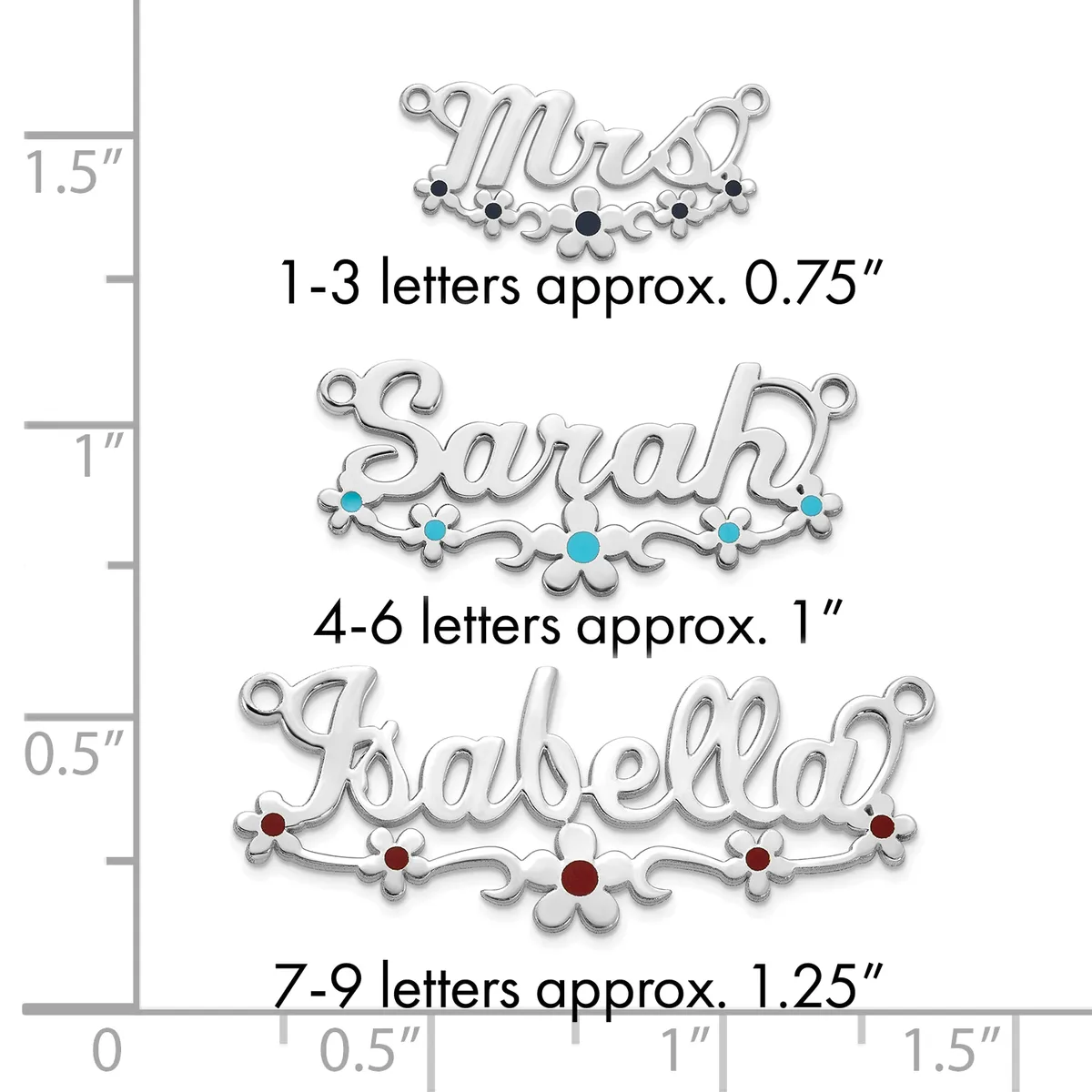 Three silver name charms with decorative scrollwork and gemstone accents, shown against a measurement scale indicating sizes from 0.75 to 1.25 inches in width.