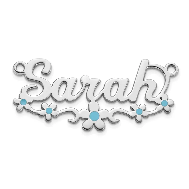 Silver decorative pendant with the word "Sarah" in script lettering, adorned with turquoise stones and ornamental flourishes, displayed against a white background.