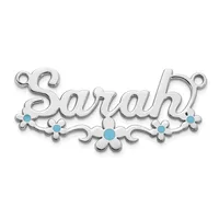 Silver decorative pendant with the word "Sarah" in script lettering, adorned with turquoise stones and ornamental flourishes, displayed against a white background.