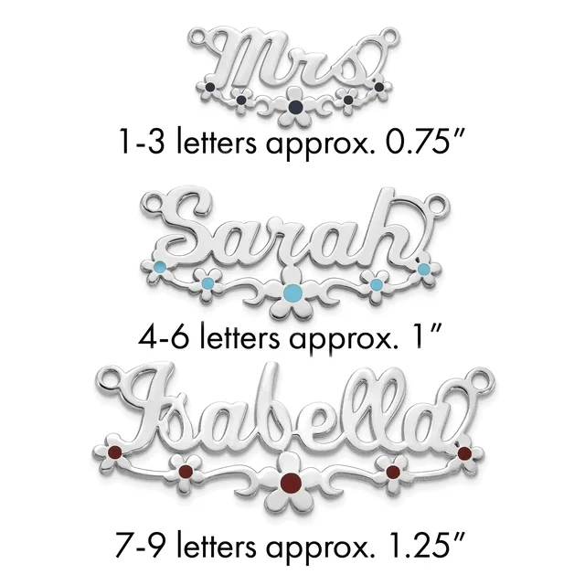 Three silver name pendants with decorative flourishes shown in increasing sizes: one with turquoise stones, one with red stones, and one plain, with measurement specifications listed below each.