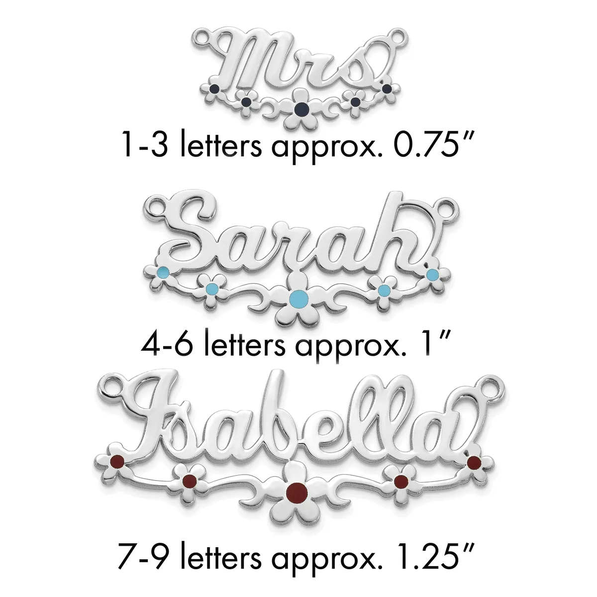 Three silver name pendants with decorative flourishes shown in increasing sizes: one with turquoise stones, one with red stones, and one plain, with measurement specifications listed below each.