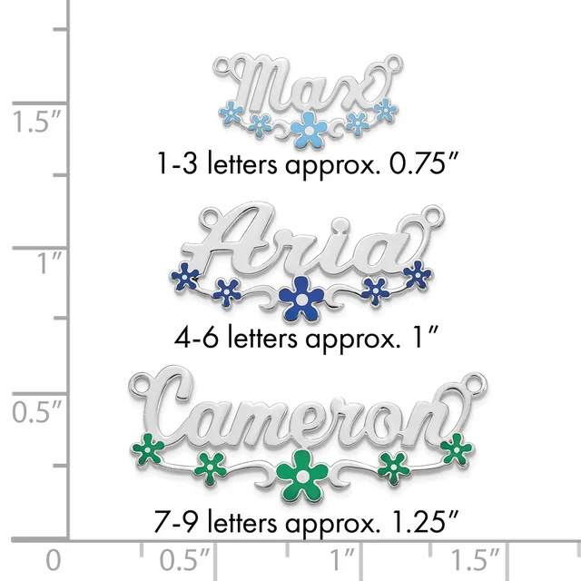 Three silver name pendants with decorative flowers in increasing sizes shown against a ruler, ranging from 0.75 inches for 1-3 letters to 1.25 inches for 7-9 letters.