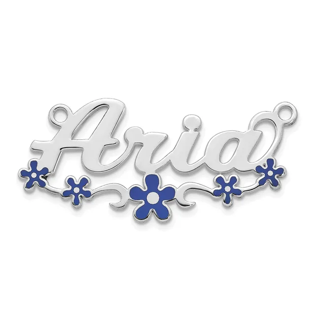 Silver pendant charm with the word "Aria" in cursive script, decorated with five blue enamel flowers and two small loops at the top for hanging.