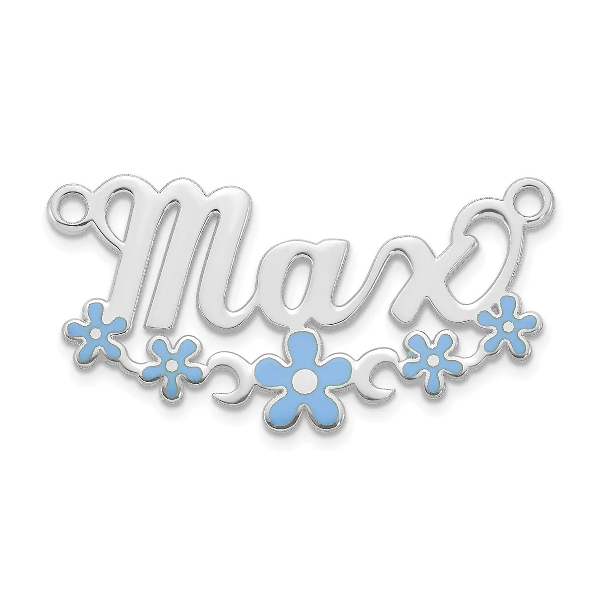 Silver pendant with the word "mom" in script lettering and five blue enamel flowers beneath, with small loops at each end for attaching to a chain.