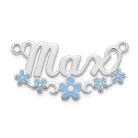 Silver pendant with the word "mom" in script lettering and five blue enamel flowers beneath, with small loops at each end for attaching to a chain.