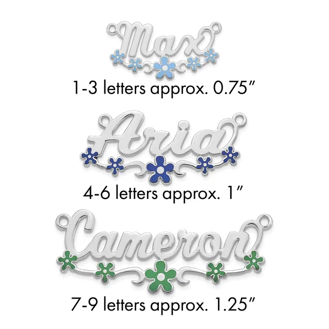 Three silver name pendants with decorative flowers in varying sizes, labeled by letter count and approximate dimensions.