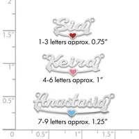 Three silver name pendants with decorative hearts shown at actual size: Sidd with red heart approximately 0.75 inches, Keira with red heart approximately 1 inch, and Anastasia with blue heart approximately 1.25 inches.