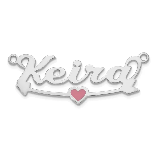 Silver pendant charm with the name "keirdy" in script lettering and a small pink heart at the center bottom, with loop attachments at each end.