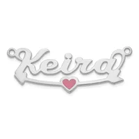 Silver pendant charm with the name "keirdy" in script lettering and a small pink heart at the center bottom, with loop attachments at each end.