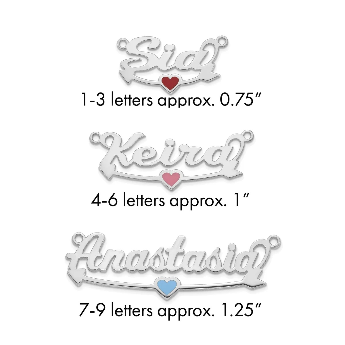 Three silver name pendants with heart charms in varying sizes, labeled by letter count and approximate width measurements.