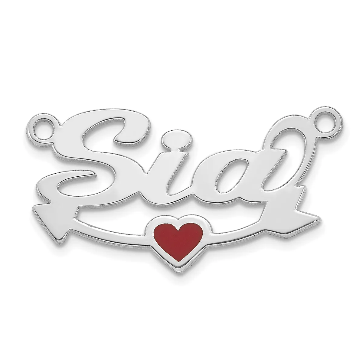 Silver pendant with the word "Sian" in script lettering, decorative arrow flourishes on either side, and a red enamel heart at the center bottom, with two small loops at the top for attachment.