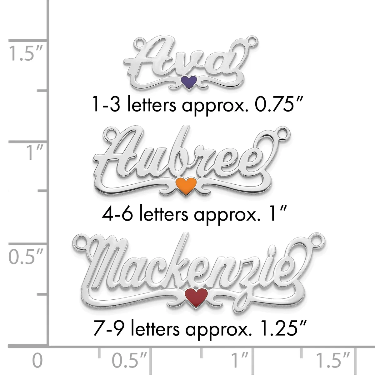 Three silver name charms with small colored hearts, shown with a ruler indicating sizes from 0.75 inches for 1-3 letters, 1 inch for 4-6 letters, and 1.25 inches for 7-9 letters.