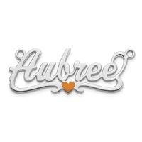 Silver pendant with the word "Hubbee" in script lettering and a small orange heart accent in the center, featuring small loops at each end for attachment.