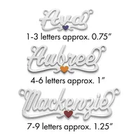 Three silver pendants with scripted names and small colored hearts, labeled by letter count and approximate size.