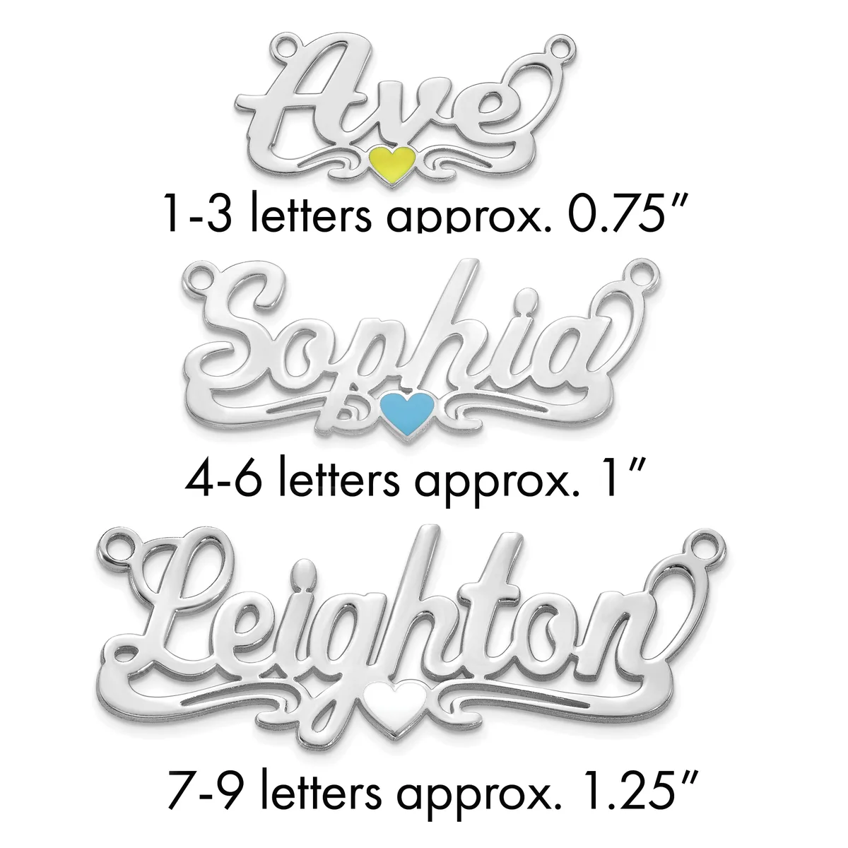 Three silver pendants with names in cursive script and small colored hearts, shown in increasing sizes with measurements from 0.75 to 1.25 inches.