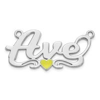 Silver pendant with script text reading "love" and a small yellow heart charm in the center, with loops at the top for attachment.