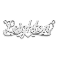 A silver-colored metal pendant with ornate script lettering and decorative loops at each end, featuring a small attachment ring.