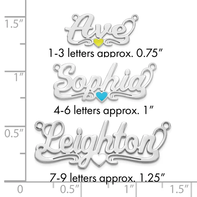Three silver name pendants with decorative scrollwork and small colored hearts are shown with a measurement scale indicating sizes from 0.75 to 1.25 inches in width.
