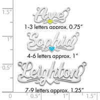 Three silver name pendants with decorative scrollwork and small colored hearts are shown with a measurement scale indicating sizes from 0.75 to 1.25 inches in width.