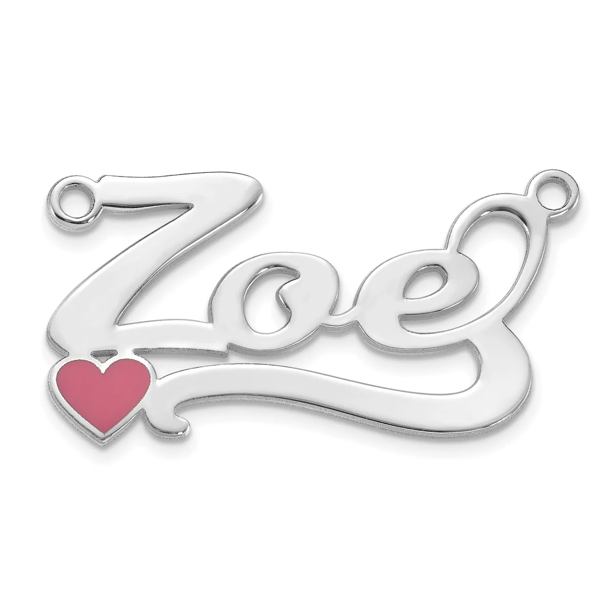 Silver-toned metal charm with cursive "Love" text and a small red heart, featuring two loops for attachment.