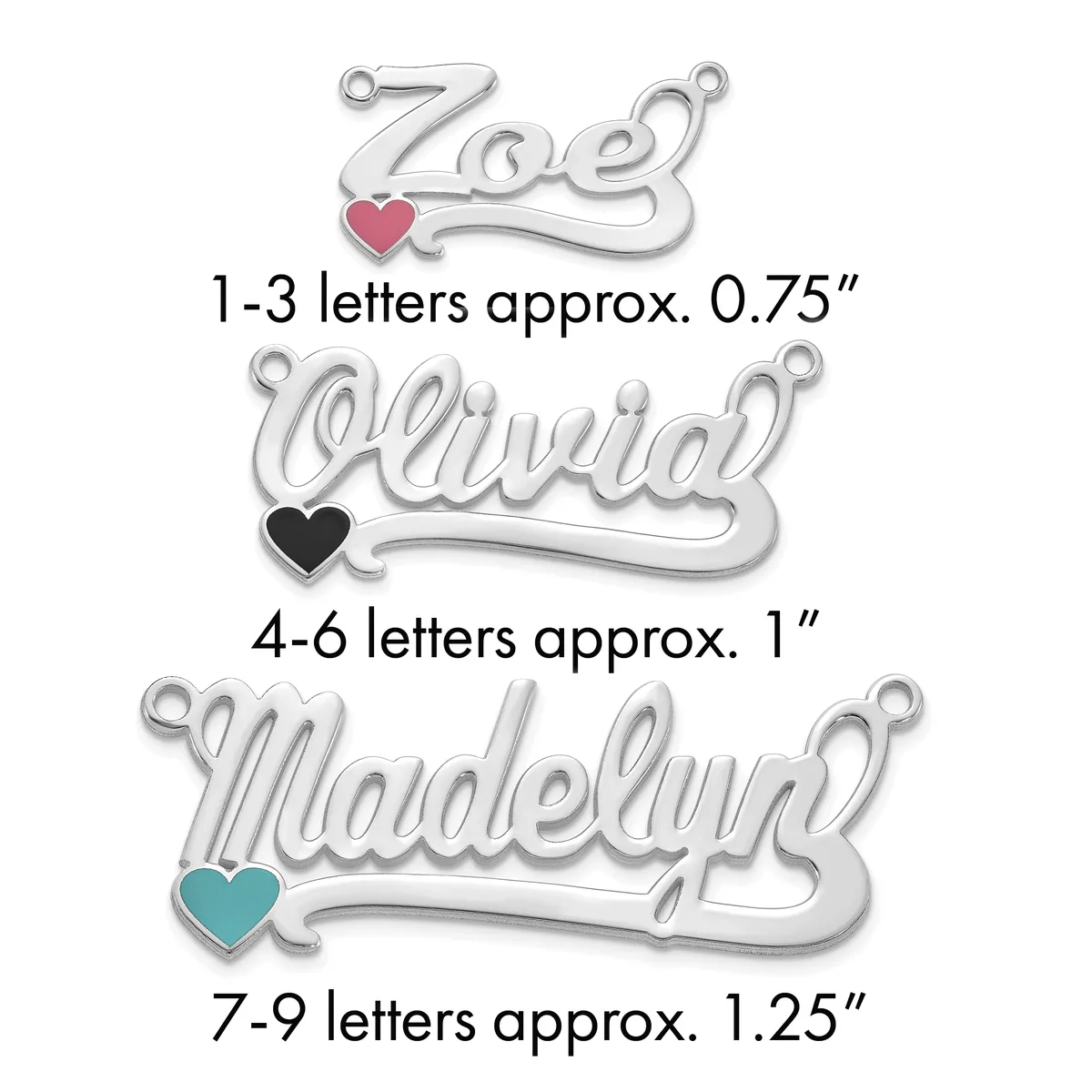 Three silver name charm pendants with heart accents in different sizes, ranging from approximately 0.75 inches to 1.25 inches, shown with size reference for 1-3, 4-6, and 7-9 letter names.
