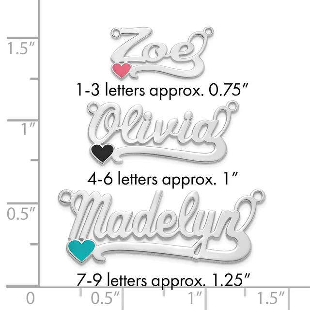 Three silver name charms with colored hearts shown against a ruler displaying their approximate sizes: Zoey at 0.75 inches, Olivia at 1 inch, and Madelyn at 1.25 inches.