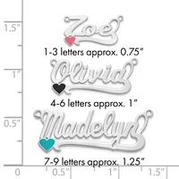 Three silver name charms with colored hearts shown against a ruler displaying their approximate sizes: Zoey at 0.75 inches, Olivia at 1 inch, and Madelyn at 1.25 inches.