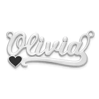 Silver nameplate pendant with script lettering spelling "Olivia" and a small black enamel heart, with two attachment loops at the top.