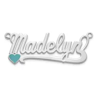 A silver pendant charm with the word "Madelyn" in script lettering and a small turquoise heart on the left side, featuring small loops at both ends for attaching to a chain or bracelet.