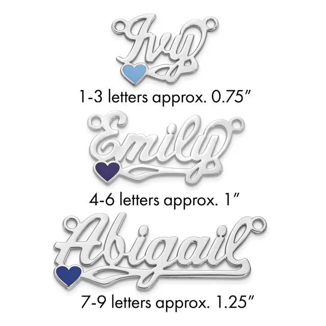 Three silver name pendants with heart charms in different sizes, labeled by letter count and approximate dimensions.