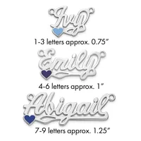 Three silver name pendants with heart charms in different sizes, labeled by letter count and approximate dimensions.