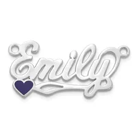 Silver-toned metal charm with the word "Emily" in script lettering and a small dark blue heart accent, featuring small loops at each end for attachment.